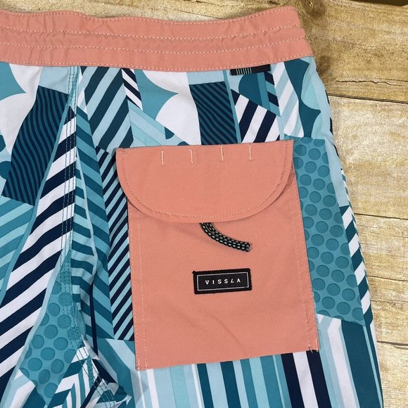 VISSLA Jason Woodside Board Shorts Swim Trunks 28 Stretch Blue White Striped Dot - Picture 5 of 9